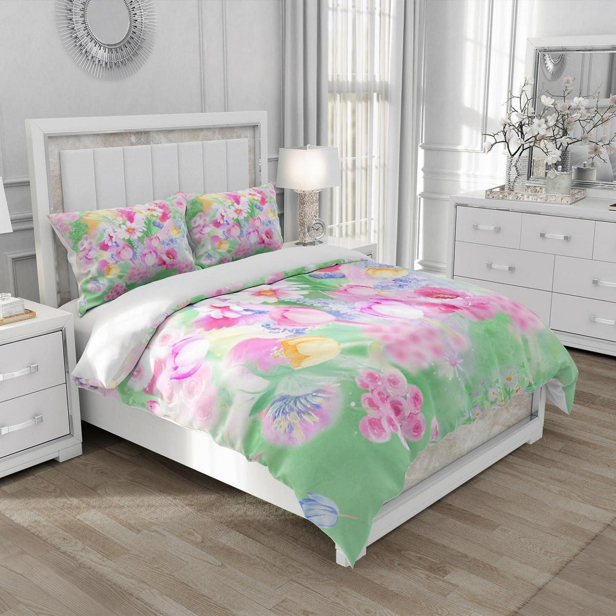 Blumen Bettwäsche Set 135x200 cm - Floral, Grün & Weich