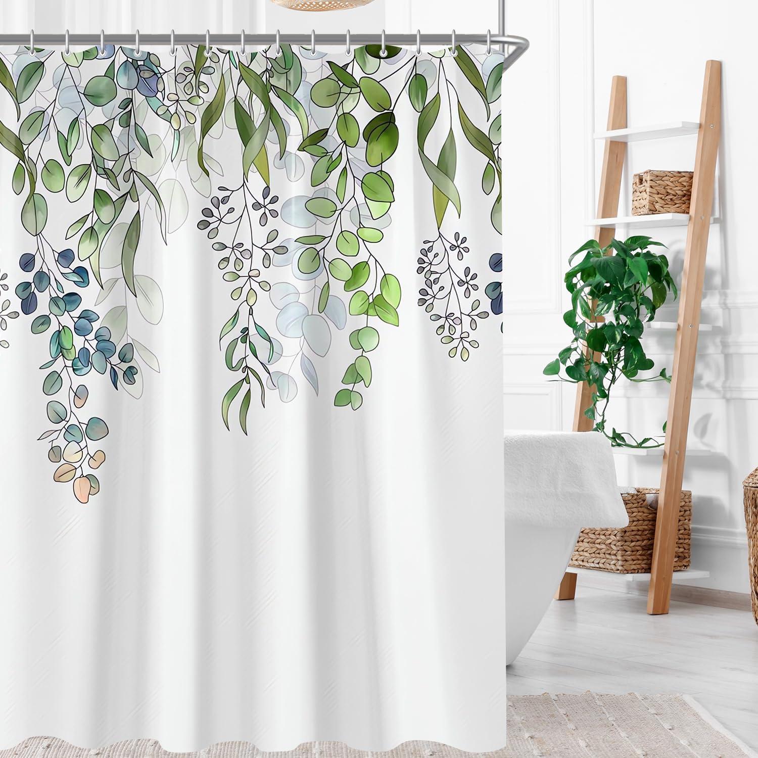 Lerores Duschvorhang 200x200cm Grün Blätter Antischimmel Textil wasserabweisend waschbar Polyester Stoff Badevorhänge Ösen 12 Duschvorhangringe