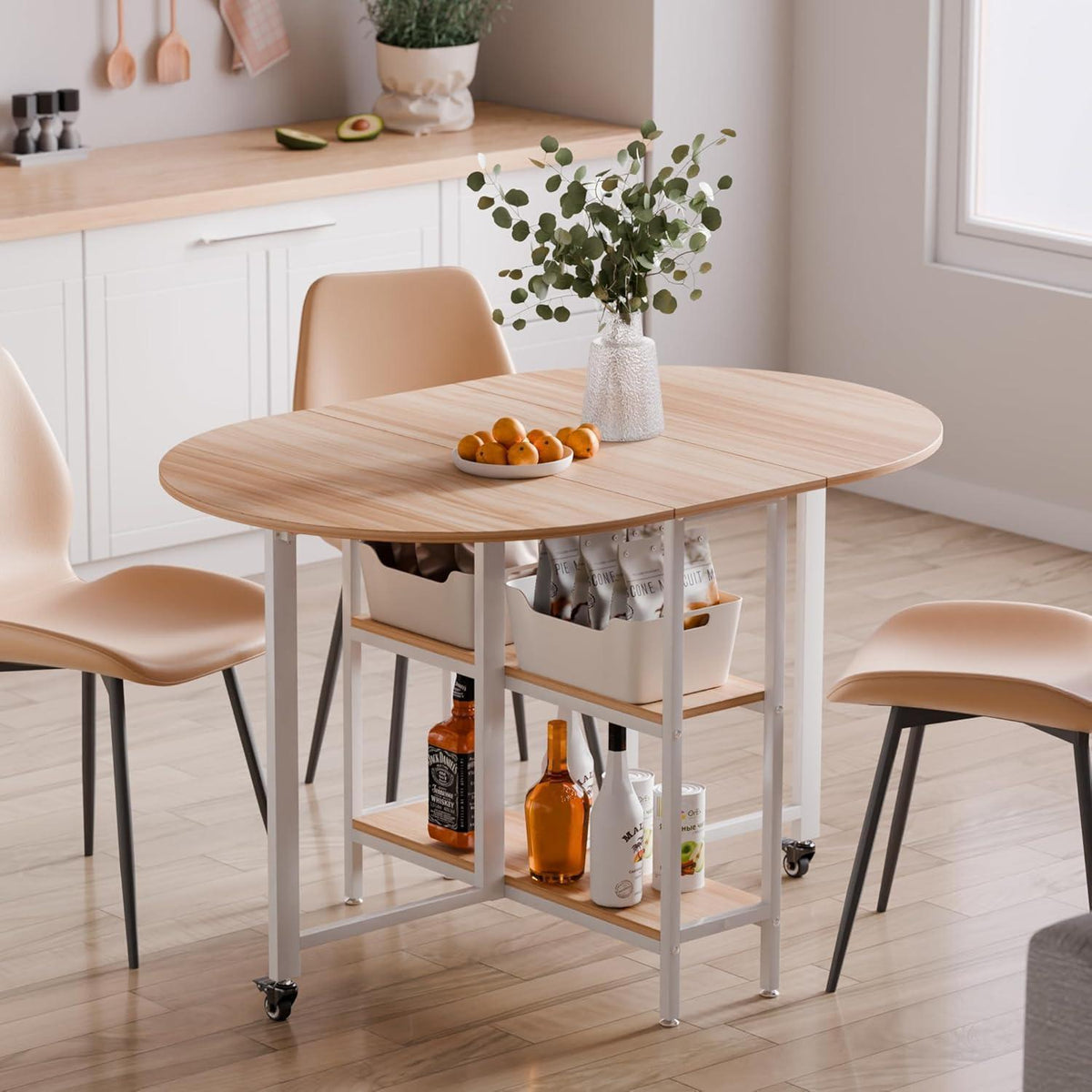 Klapptisch ausziehbar mit Ablagen, Eiche/Weiß