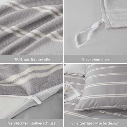 Graue gestreifte Bettwäsche 200x200 cm - 3tlg. Baumwolle
