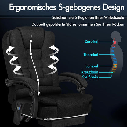 Bürostuhl mit Massagefunktion und Lordosenstütze, Leinenstoff, Schwarz