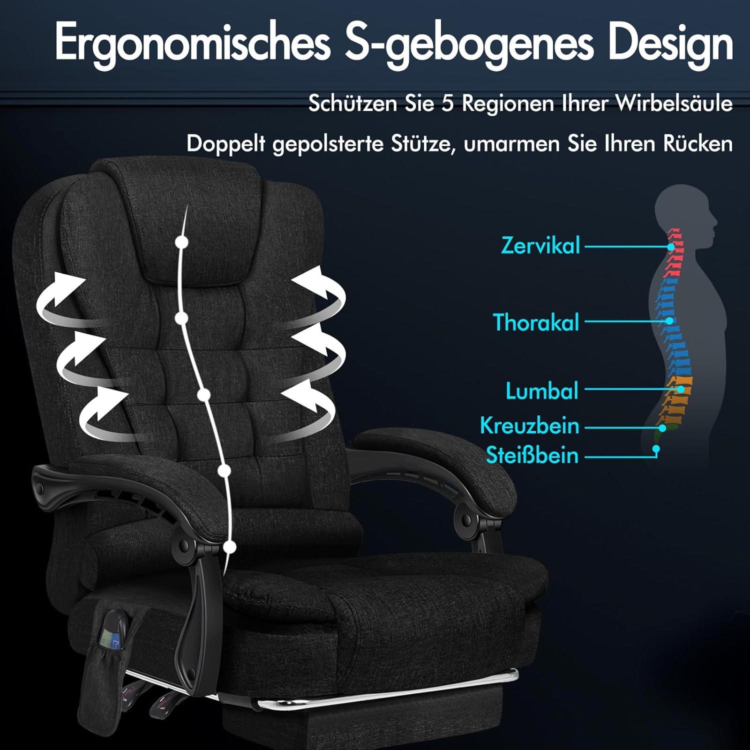 Bürostuhl mit Massagefunktion und Lordosenstütze, Leinenstoff, Schwarz
