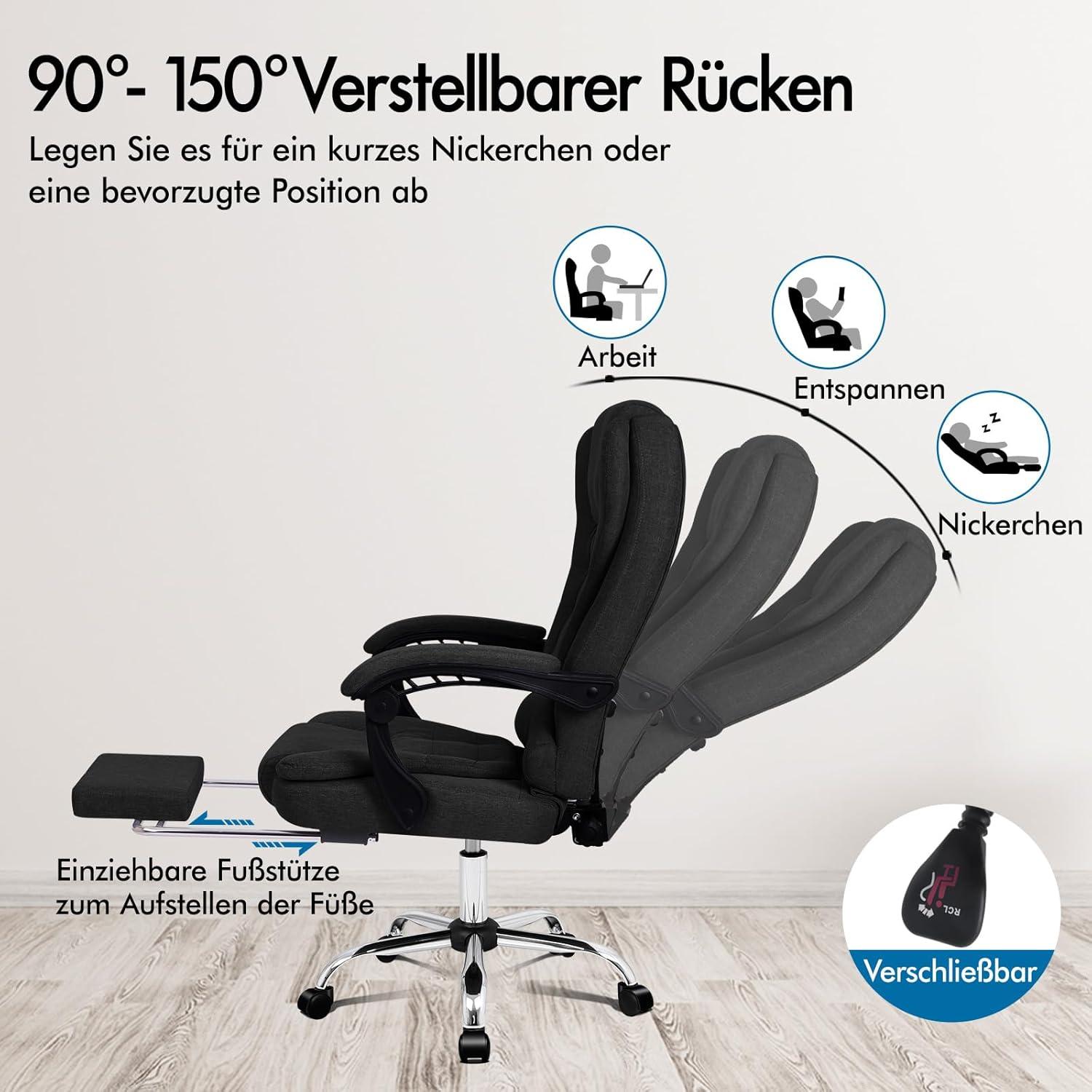 Bürostuhl mit Massagefunktion und Lordosenstütze, Leinenstoff, Schwarz