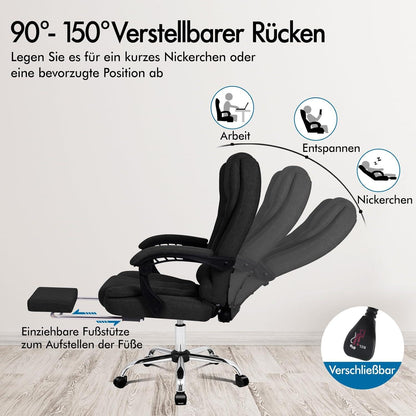 Bürostuhl mit Massagefunktion und Lordosenstütze, Leinenstoff, Schwarz