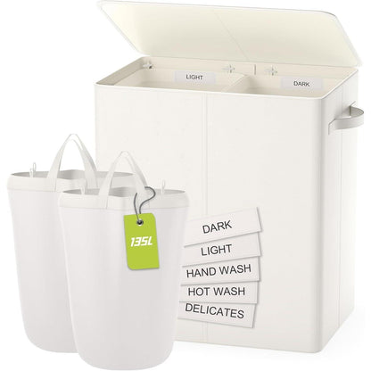 Wäschekorb mit Deckel & 2 Fächern – 135L Beige