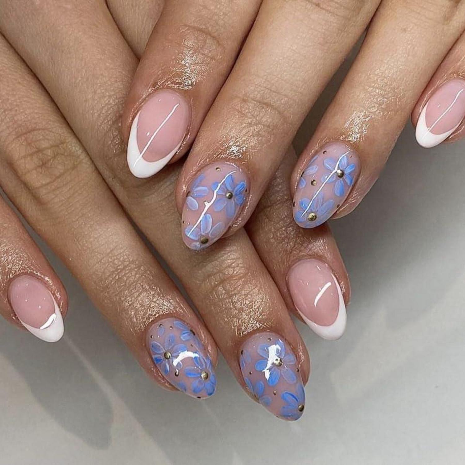 24 Stück Acryl Press on Nägel Blumen mit Glitzer Spitze - False Nails