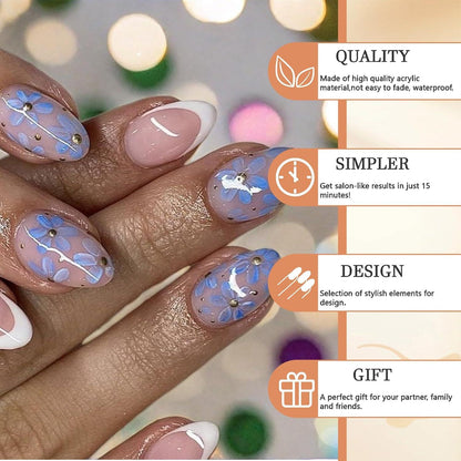 24 Stück Babyblaue Blumen Acryl Nägel Set, Sommer Partys False Nails