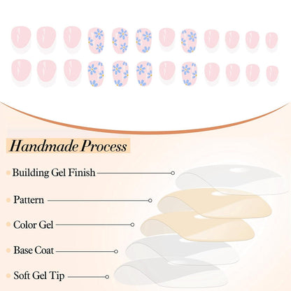 24 Stück Blaue Kurze Oval Blumen False Nails Set Glitzernde Spitze Press on