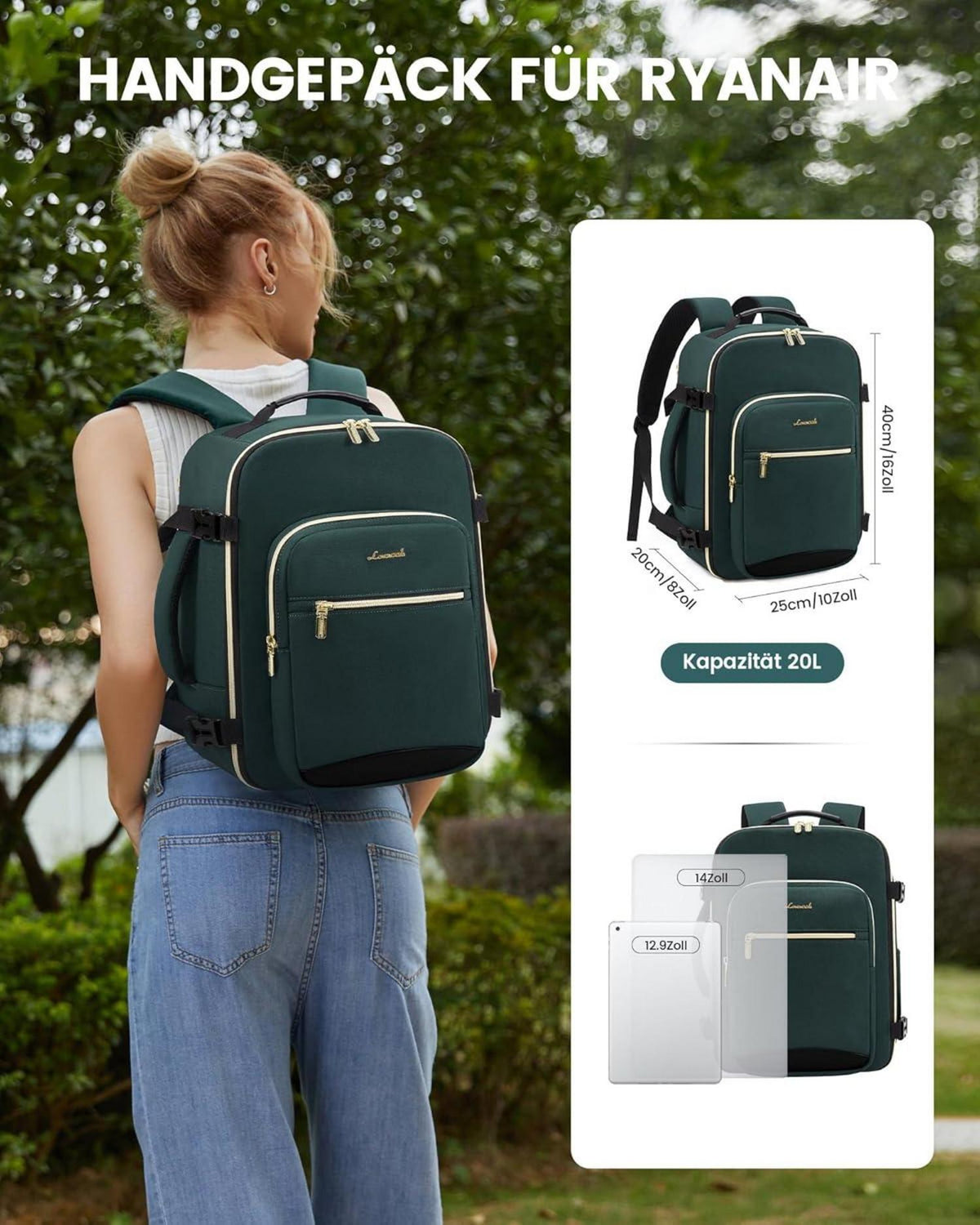 Handgepäck Rucksack 40x20x25 für Ryanair, 14 Zoll Laptop - Schwarz