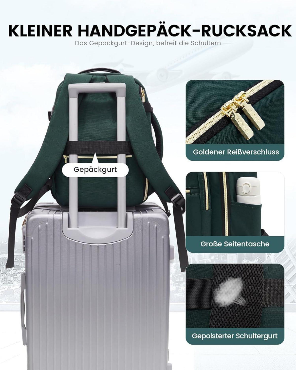 Handgepäck 40x20x25 Rucksack für Ryanair Flugzeug Damen Herren 14 Zoll