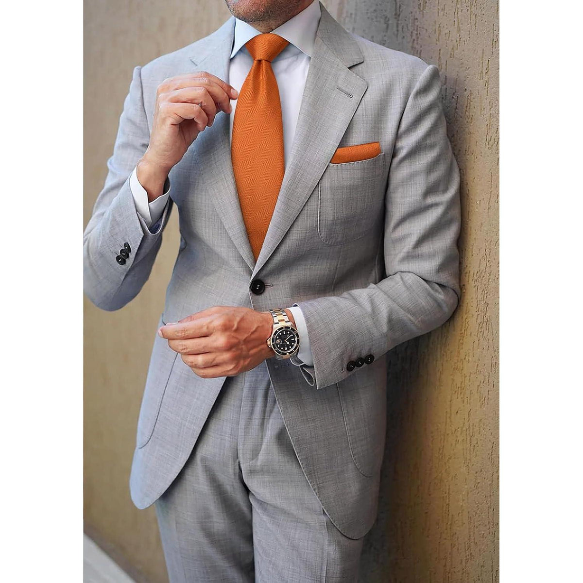 Herren Krawatte mit Einstecktuch Set, Elegant Orange