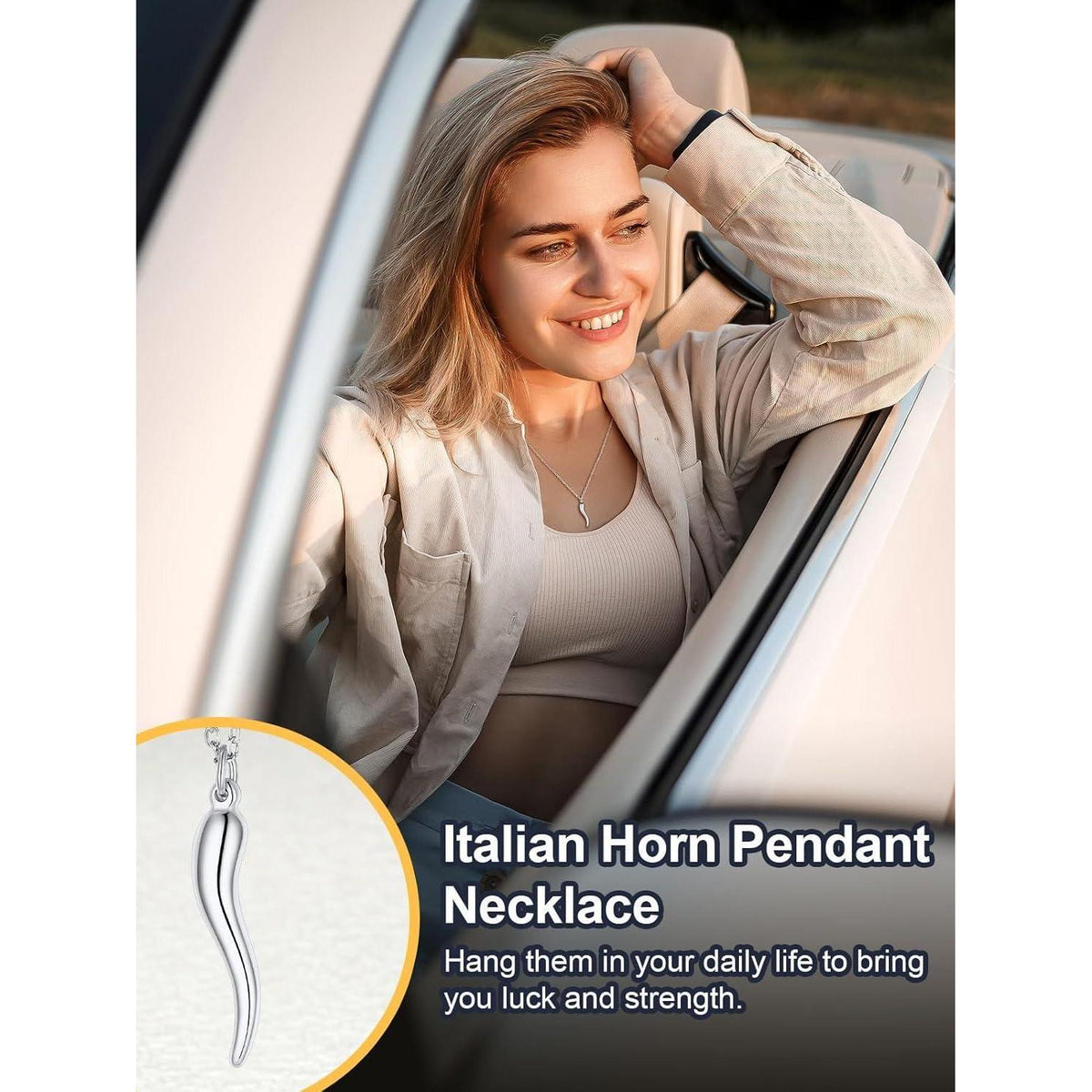 Italienisches Horn Halskette Edelstahl mit Anhänger, Glücksbringer, Klein-Silber