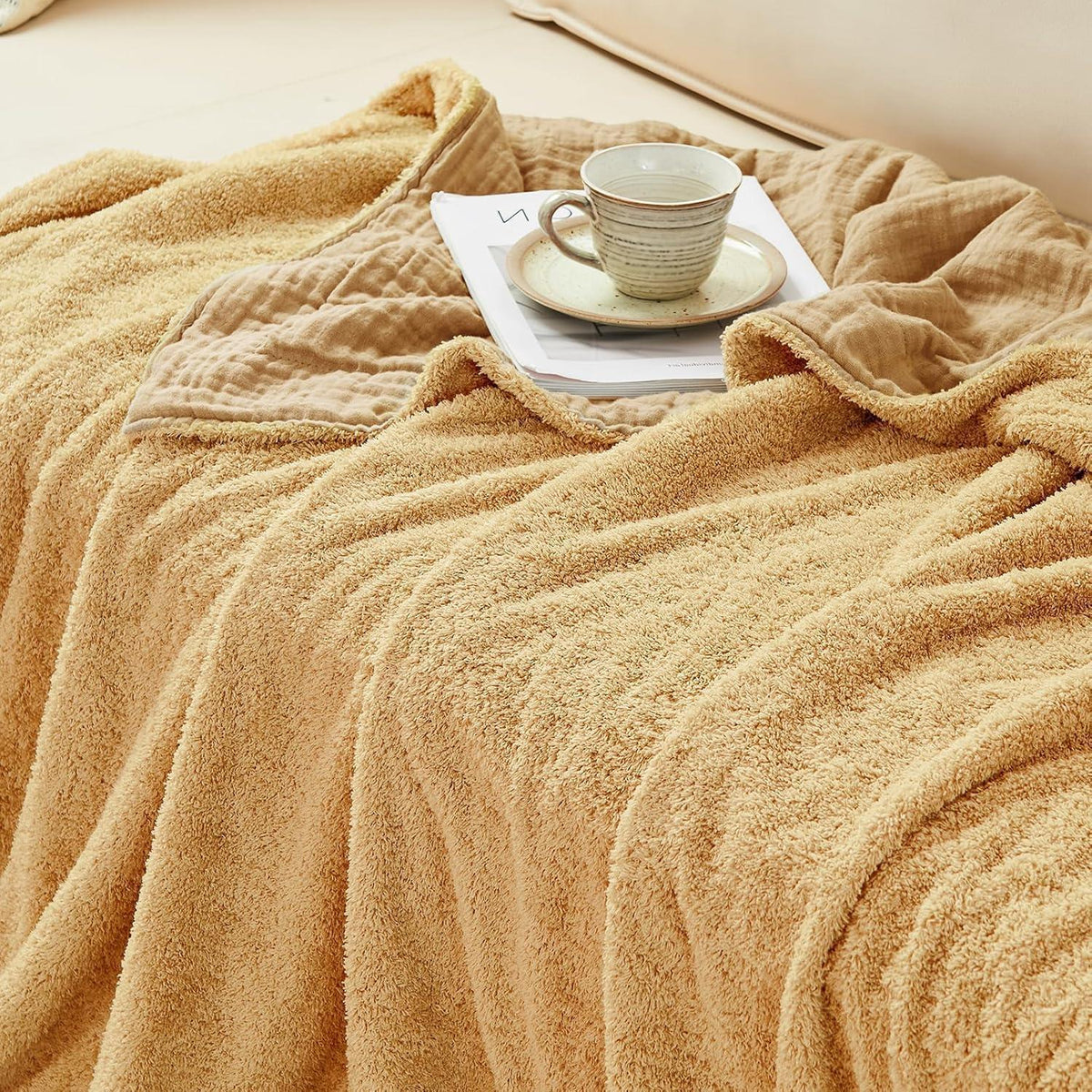 Musselin Fleece Decke 150x200 cm Beige Kuscheldecke