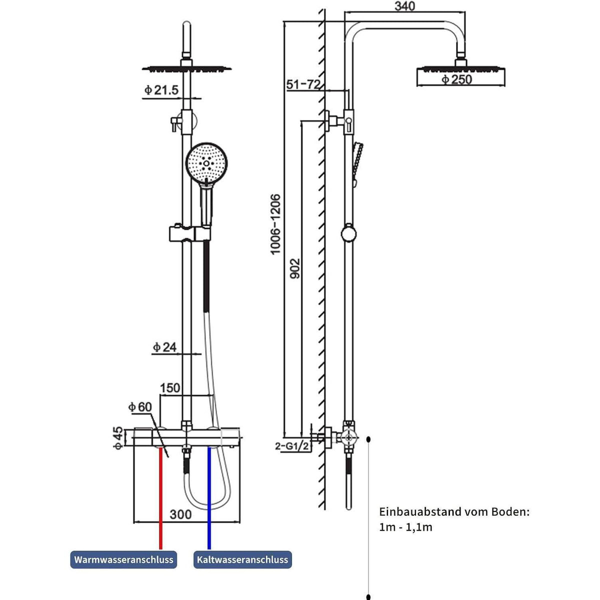 Thermostat Duschsystem Komplettset mit Regendusche & Handbrause