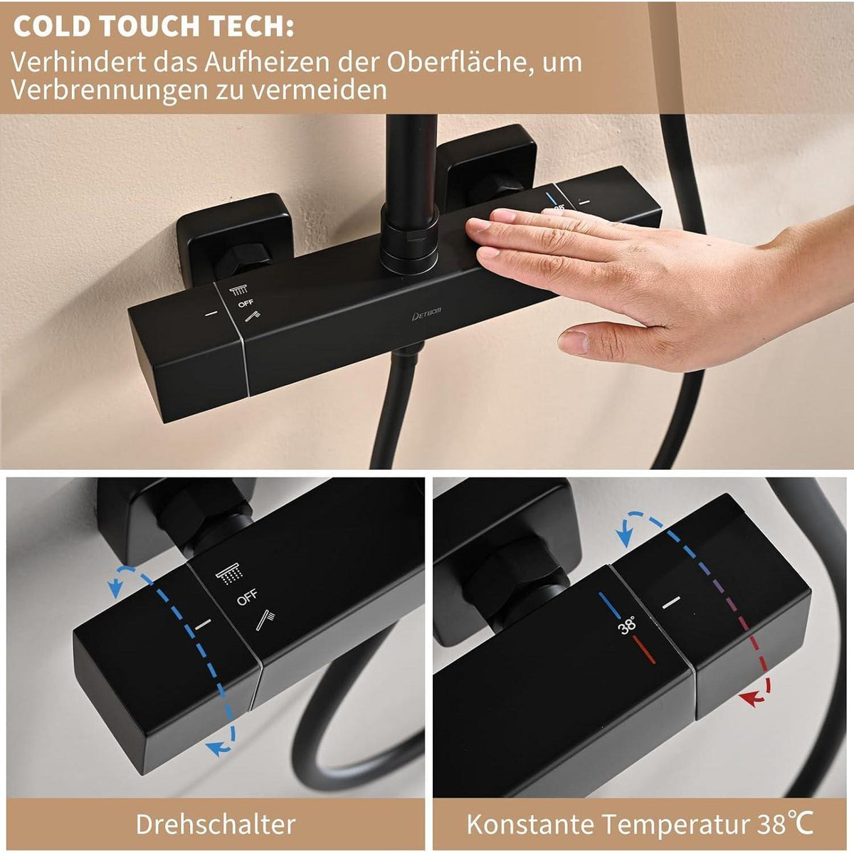 Duschsystem Square Thermostat Edelstahl Komplettset Schwarz