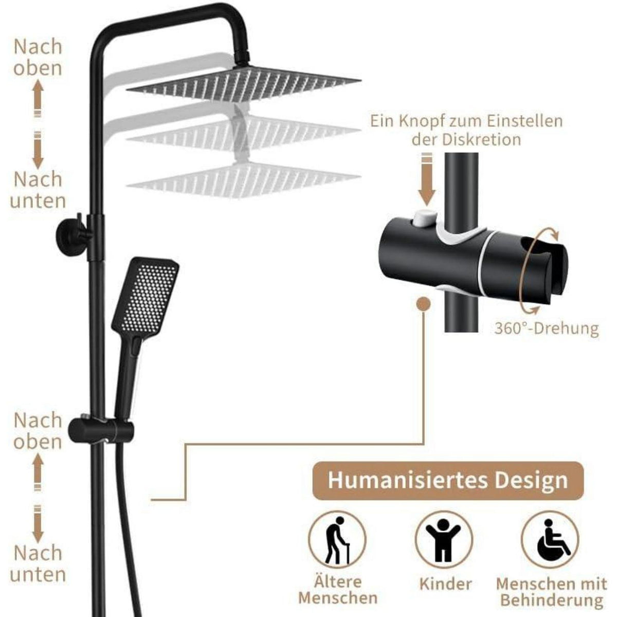 Duschsystem Square Thermostat Edelstahl Komplettset Schwarz