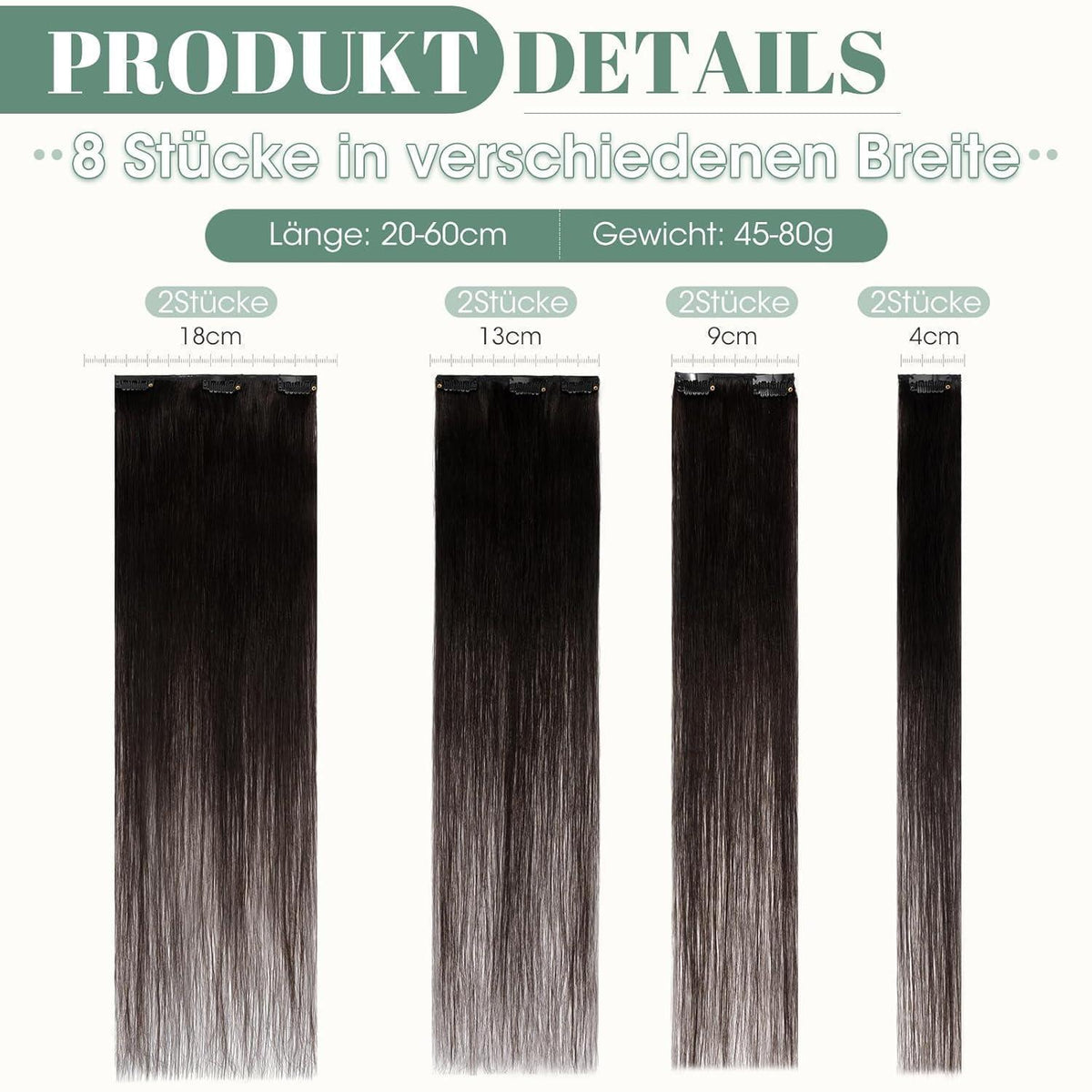 Echthaar Clip ins Extensions Schwarz 45cm - 8 Stück