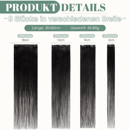 Echthaar Clip ins Haarverlängerung #1 Lackschwarz 45cm - 8 Stück