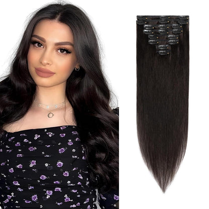 Echthaar Clip ins Haarverlängerung Schwarz 50cm - 8 Stück