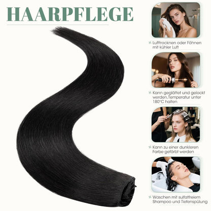 Echthaar Clip ins Haarverlängerung #1 Lackschwarz 50cm - 8 Stück