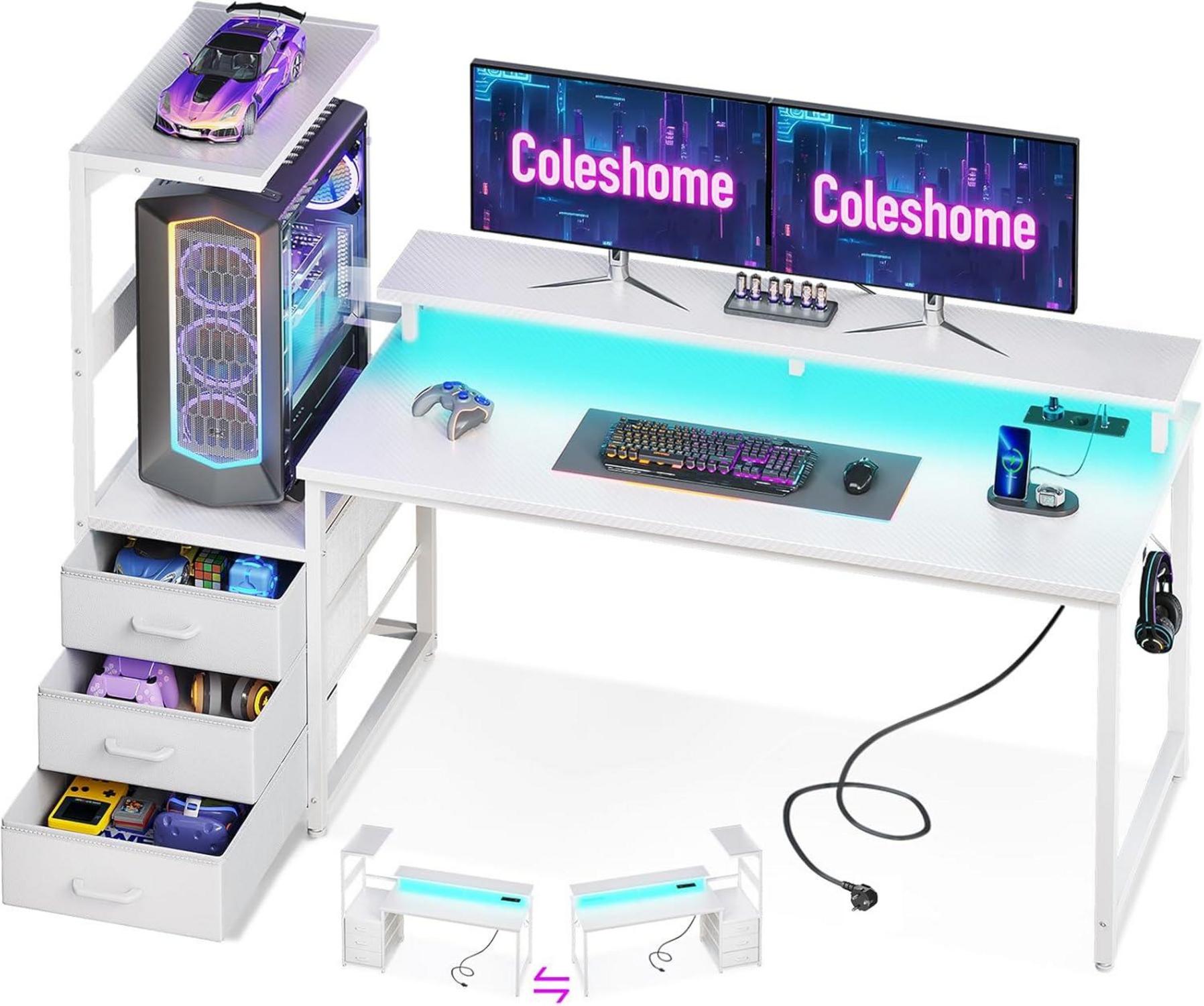 Gaming Schreibtisch LED-Beleuchtung Steckdose Schubladen