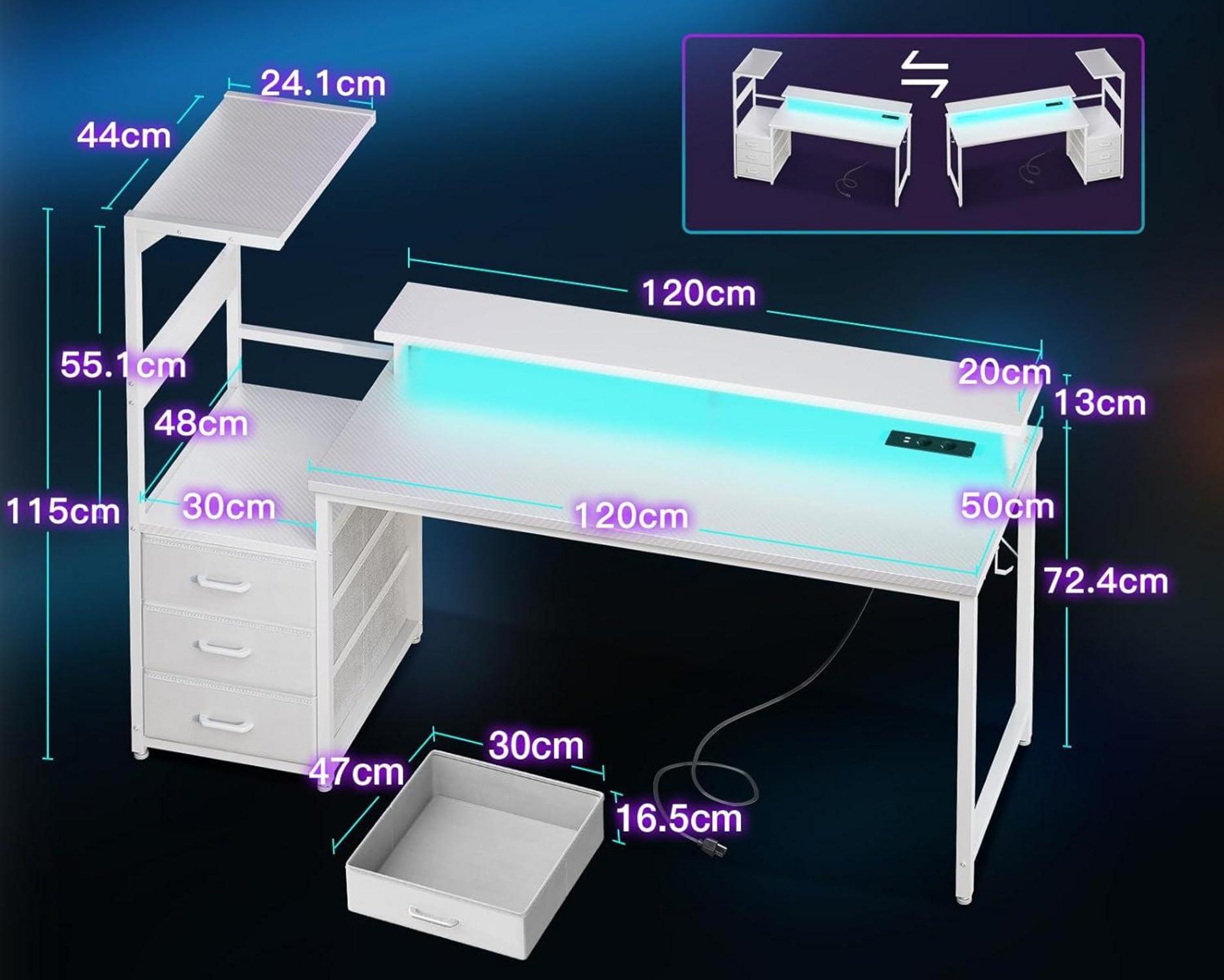 Gaming Schreibtisch LED-Beleuchtung Steckdose Schubladen