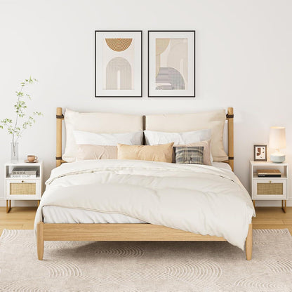 Boho Rattan Nachttisch, Weiß & Natur, Beistelltisch mit Schublade