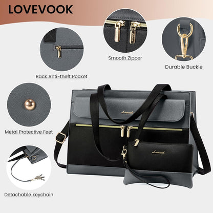 15,6 Zoll Laptoptasche Damen Grau PU Leder Wasserfest