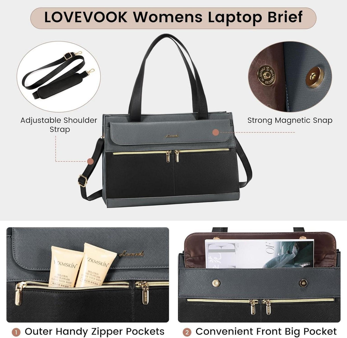 LOVEVOOK Laptop Handtasche Damen Groß 15,6 Zoll Elegant Grau