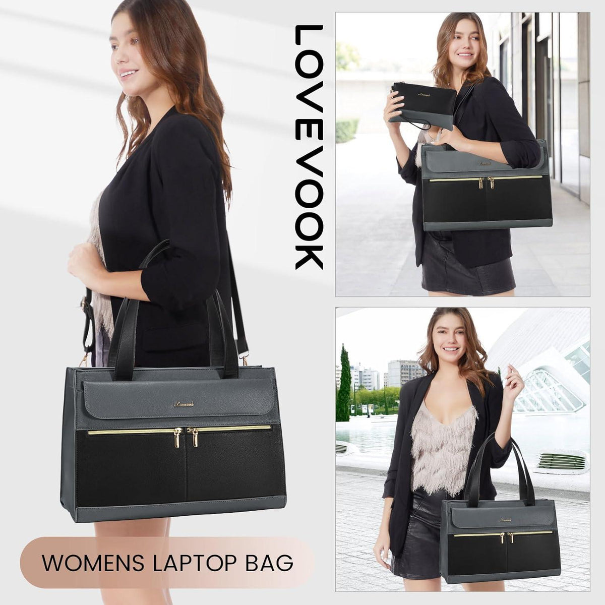 15,6 Zoll Laptop Handtasche Damen Groß PU Leder Wasserdicht Grau