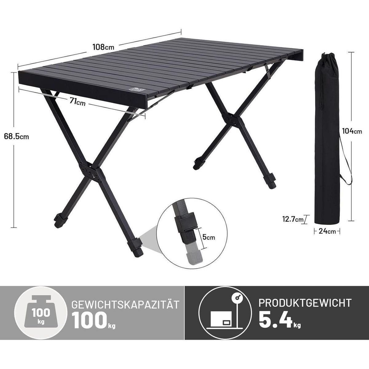 Höhenverstellbarer Campingtisch Aluminium klappbar mit Tasche 108x71cm Schwarz