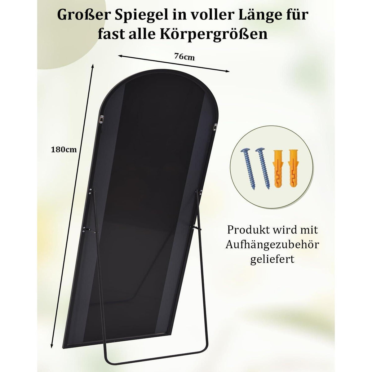 Gewölbter Ganzkörperspiegel 180x76 cm – Stand- & Wandspiegel Schwarz