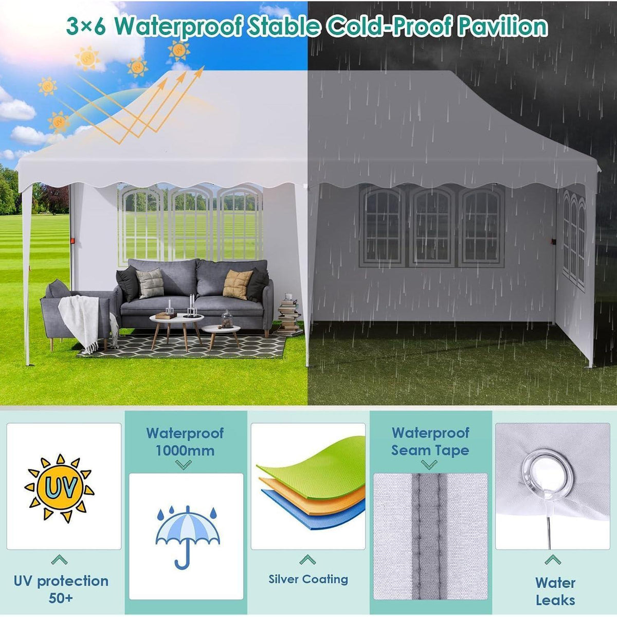 3x6m Faltpavillon wasserdicht mit 6 Seitenwänden & Zubehör