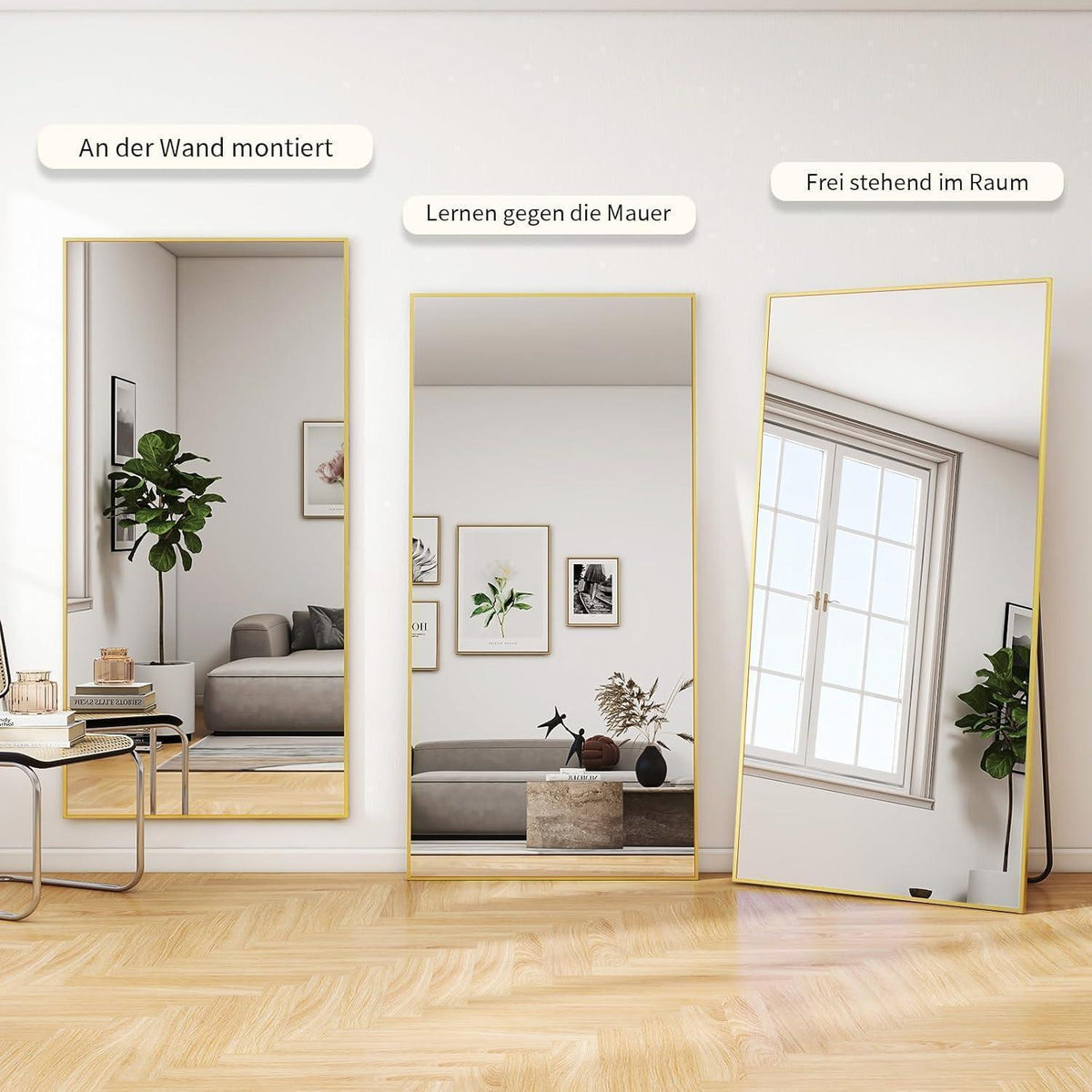 Großer Standspiegel 180x76 cm – Schwarz oder Gold | Wandspiegel mit Ständer