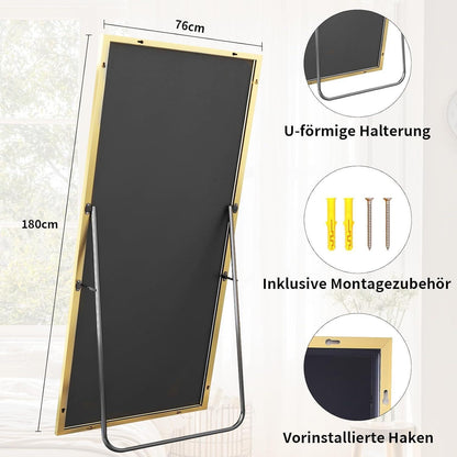 Großer Standspiegel 180x76 cm – Schwarz oder Gold | Wandspiegel mit Ständer