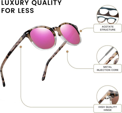 DUCO Retro Polarisierte Damen Sonnenbrille UV400 Schutz Leichtgewicht Acetat Rahmen Grau Tortoise Revo Pink