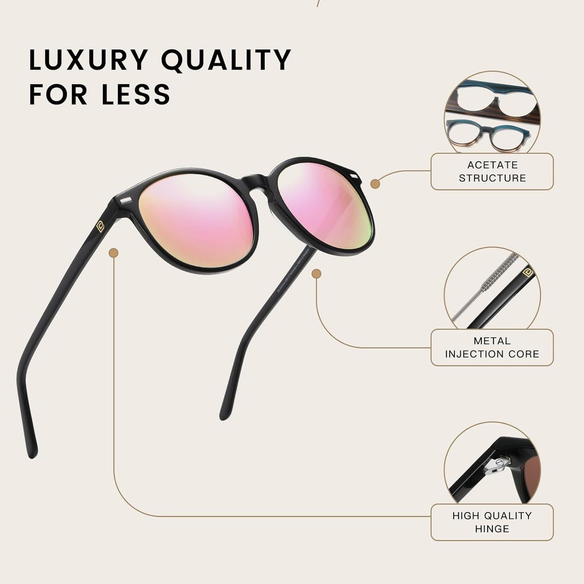 DUCO Retro Polarisierte UV400 Sonnenbrille Damen Vintage Leichtgewicht Acetat Rahmen