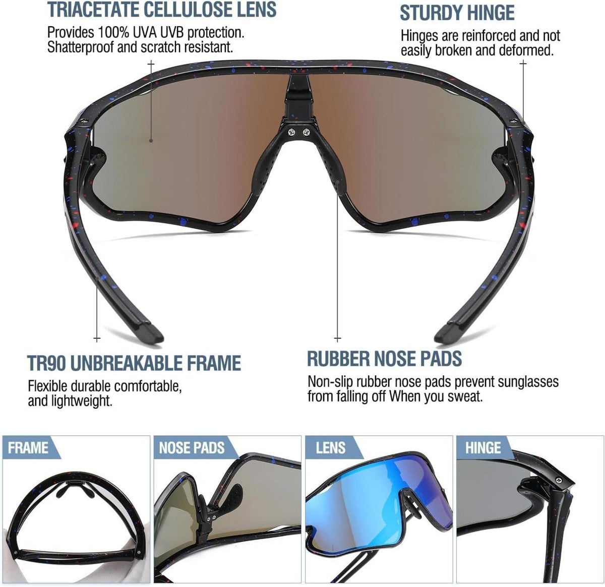 Kinder Sport Sonnenbrille UV400 Leicht TR90 Rahmen DK268 Schwarz Blue