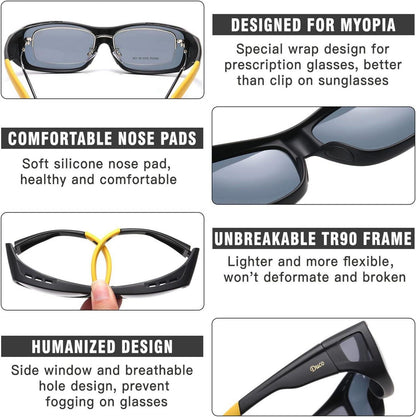 DUCO Polarisierte Sonnenbrille Überbrille UV400 Schutz Schwarz Rahmen Grau Linse