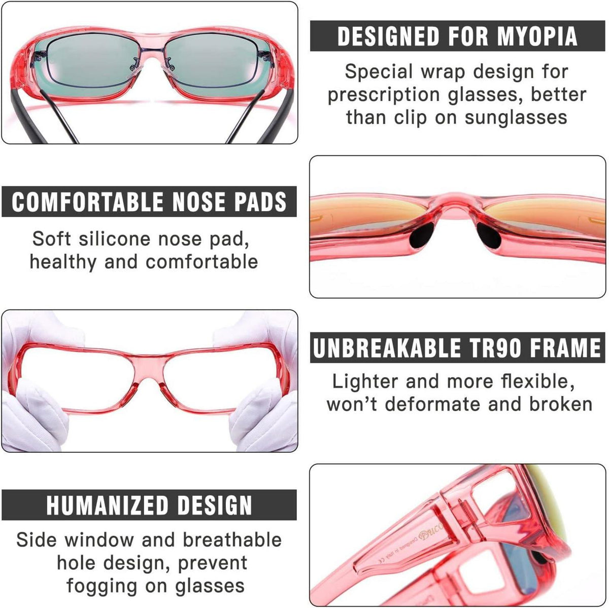 Polarisierte UV400 Schutz Sonnenbrille für Brillenträger Fit-over Transparent Pink