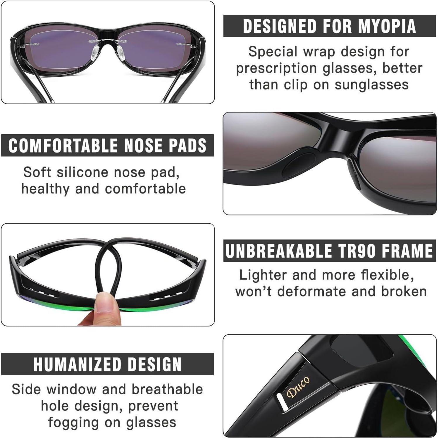 Polarisierte UV400 Sonnenbrille für Brillenträger Schwarz Grün - M