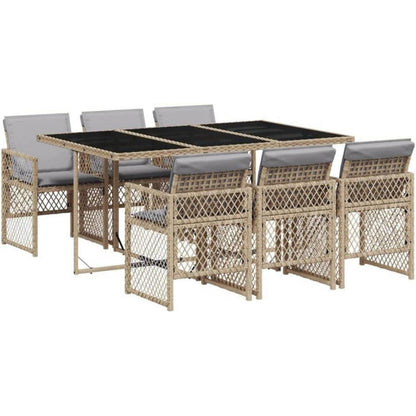 Garten Essgruppe 7-TLG. Poly Rattan mit Kissen Beige & Grau