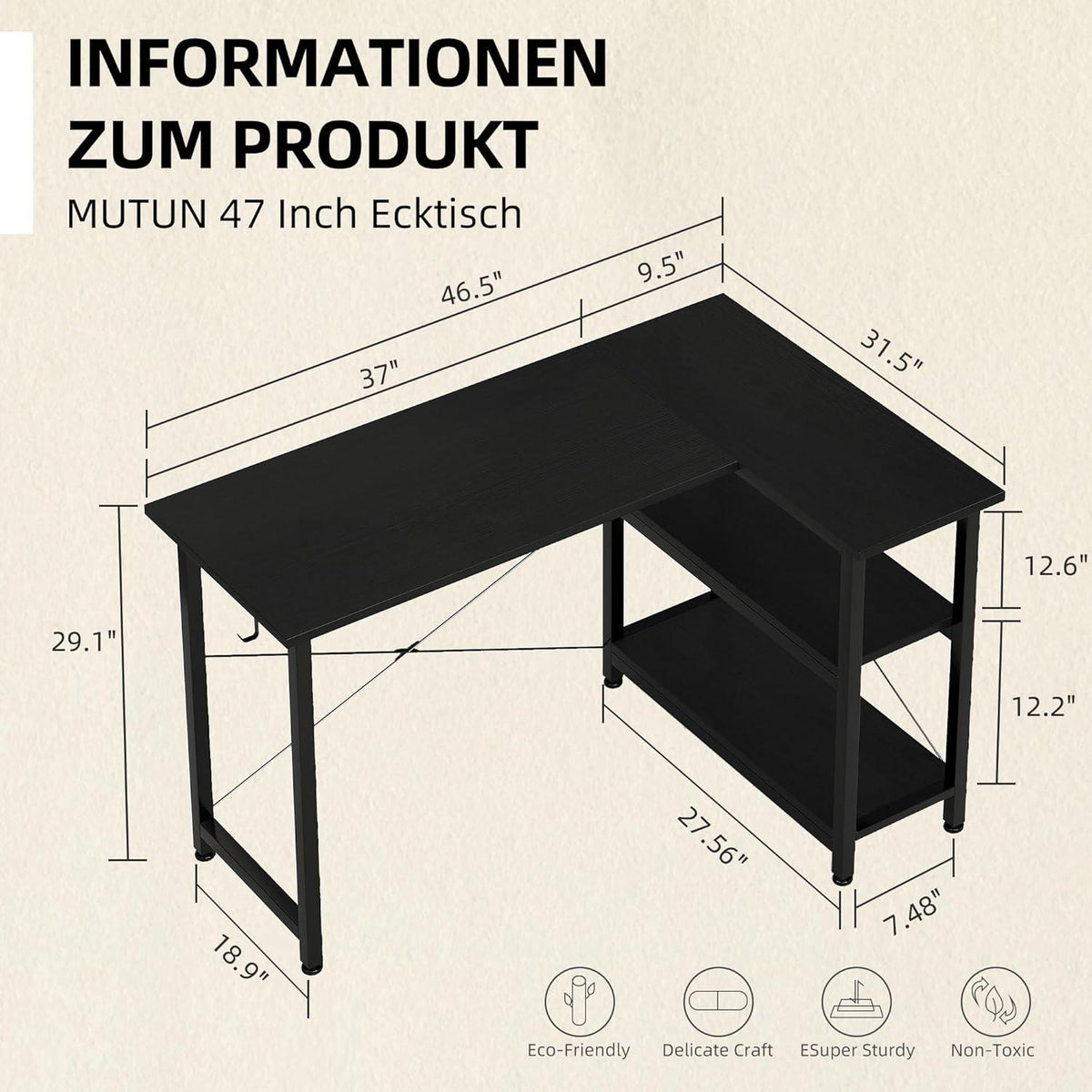 Eckschreibtisch Schwarz Regal Stauraum 120cm L-Form Bürotisch