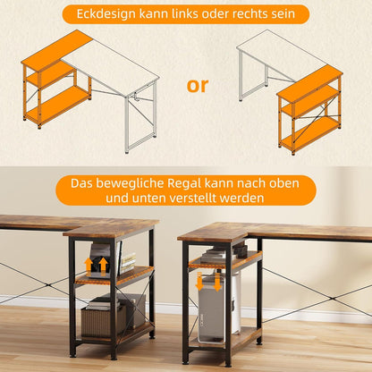 Schreibtisch PC Tisch Eckschreibtisch mit Regalen Stauraum 120 cm Gelb-Braun