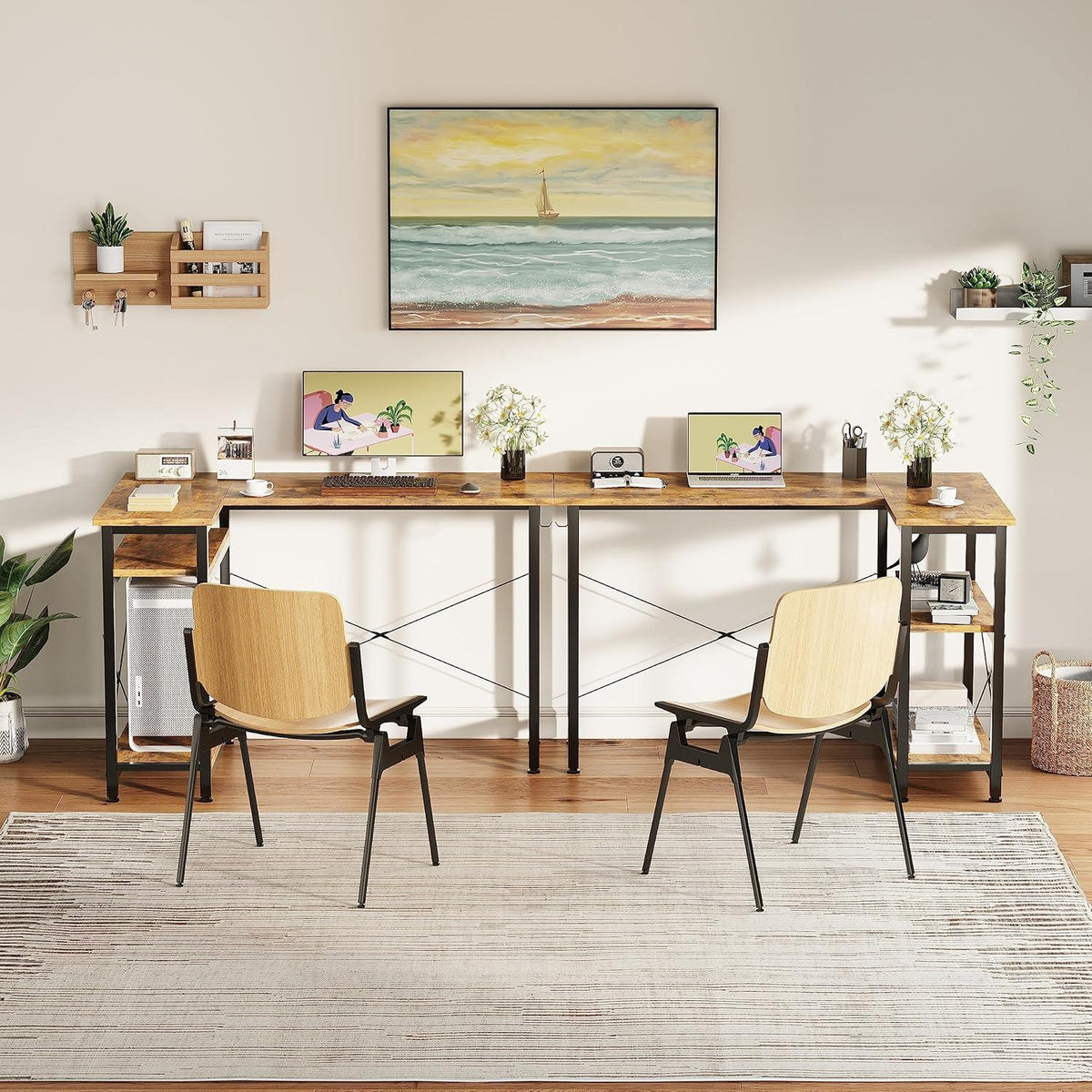 Schreibtisch Eckschreibtisch 120 cm Pc Tisch L-Form Gelb Braun Regale