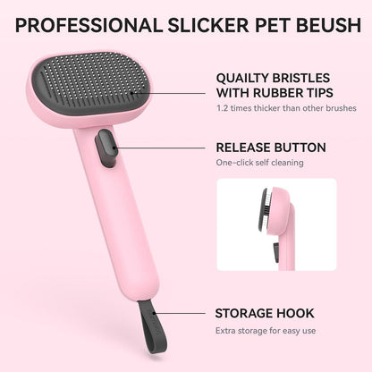 Katzenbürste mit Auslöseknopf für Lang- und Kurzhaar, Rosa