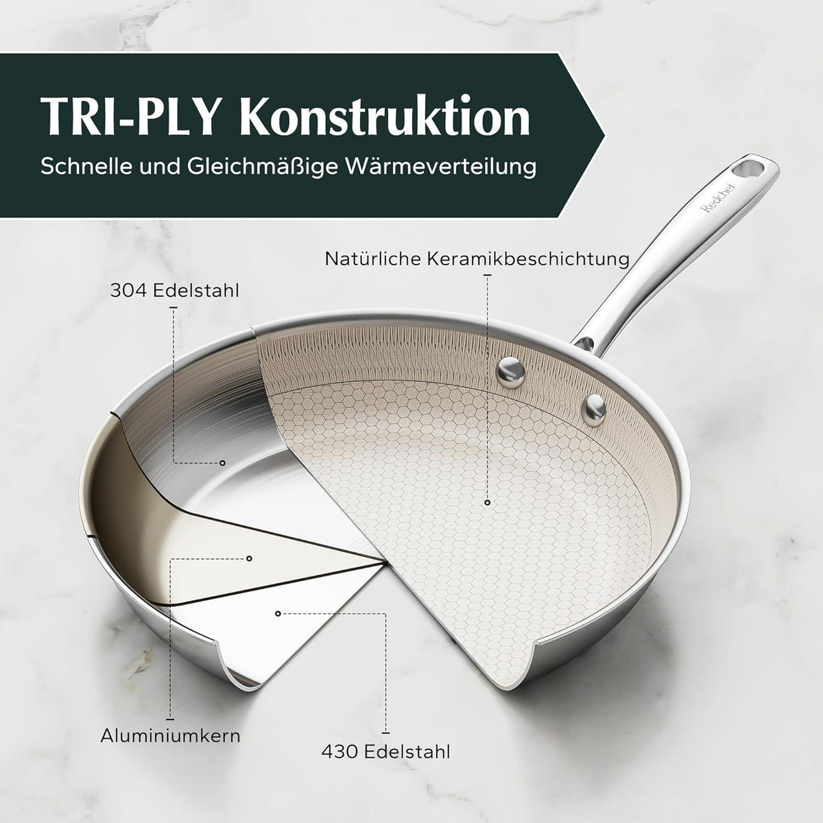 Redchef 3-teiliges Pfannenset Edelstahl Induktion PTFE Frei - 24 20 28 cm