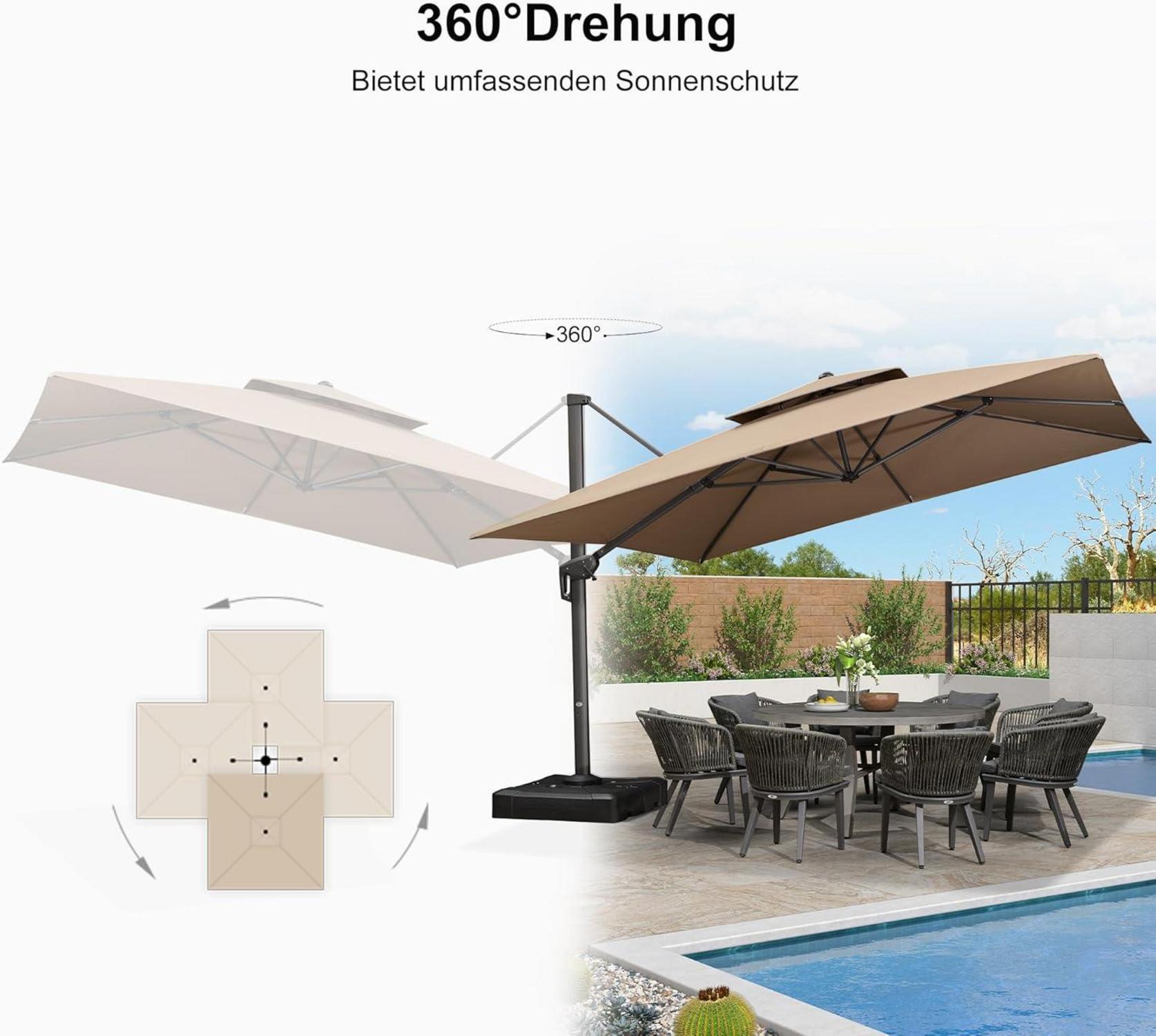 Sonnenschirm Rechteckig 270 x 365 cm Beige mit Kurbel und Doppeldach