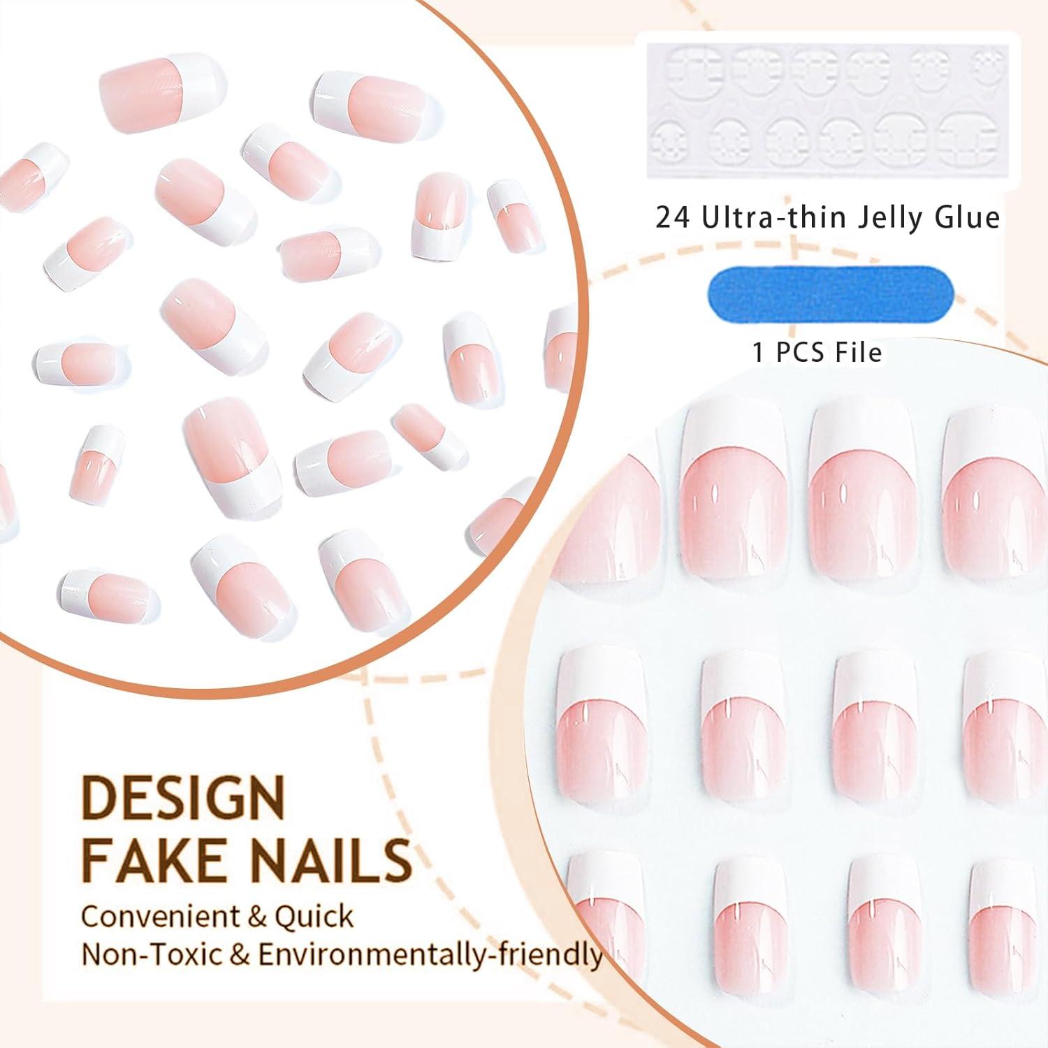 24PCS Weiße French Tip Press on Nägel Quadrat Glänzende Falsche Nägel