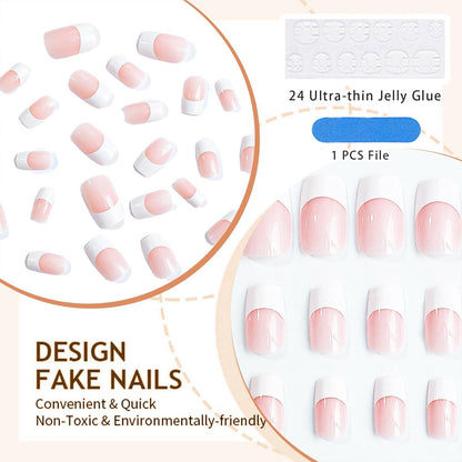 24PCS Weiße French Tip Press on Nägel Quadrat Glänzende Falsche Nägel